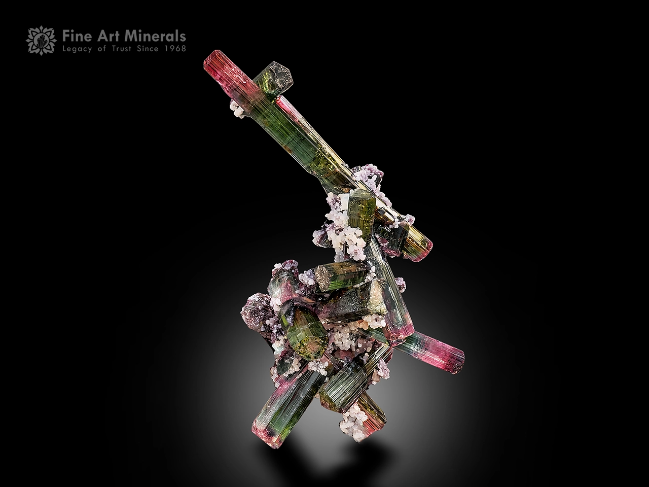 Bi color tourmaline crystals with pink terminations and green bodies in radiating formation with strong striations.