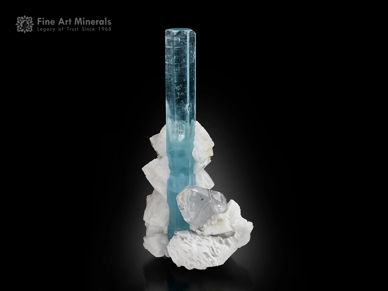 Blue aquamarine crystal on albite and quartz matrix with good clarity and flat beveled termination.