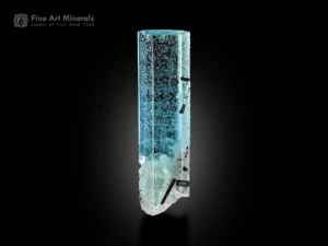Hexagonal aquamarine crystal with schorl and albite showing blue color and textured faces.