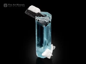 Gem clarity aquamarine crystal with schorl on top and quartz feldspar base mineral specimen.