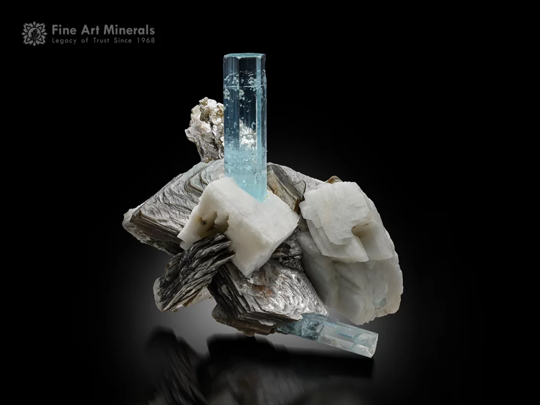 Aquamarine crystal with feldspar and muscovite blue beryl mineral specimen