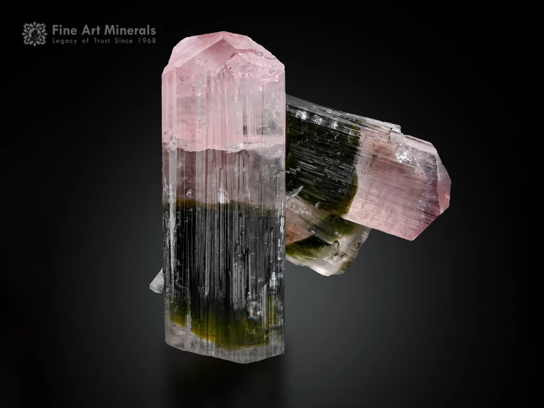 Bi-color tourmaline crystals with pink terminations and green zones, floater specimen.