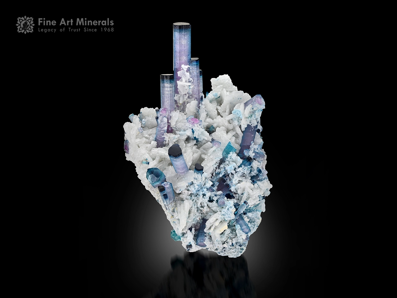 Blue lilac tourmaline crystal cluster on cleavelandite matrix, repaired specimen.
