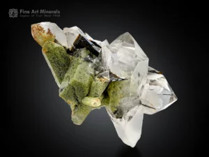 Brookite crystal on quartz with half chlorite coating and half clear transparent quartz crystals.