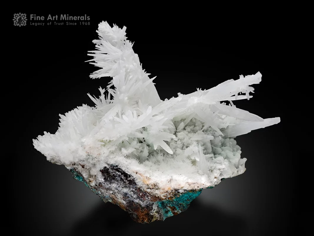 white calcite crystals with chrysocolla on matrix from Wadh Mine, Pakistan