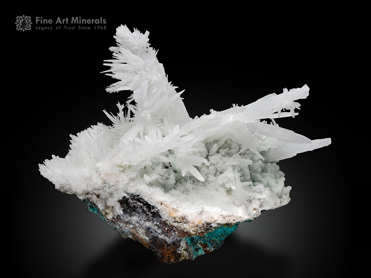 white calcite crystals with chrysocolla on matrix from Wadh Mine, Pakistan