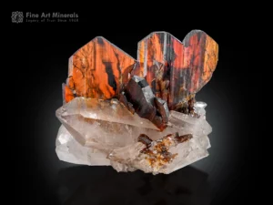 Vivid red Brookite crystal cluster on sparkling clear quartz matrix with strong contrast.