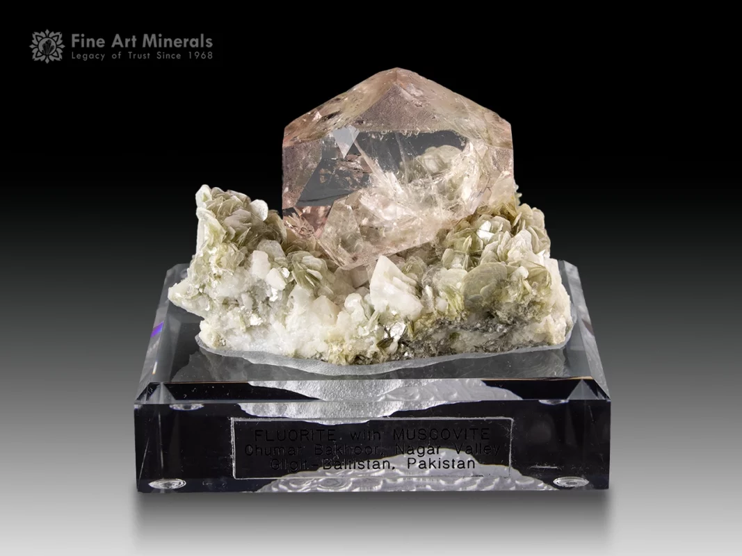 transparent bi colored fluorite crystal on muscovite and albite matrix from Nagar Valley, Pakistan.