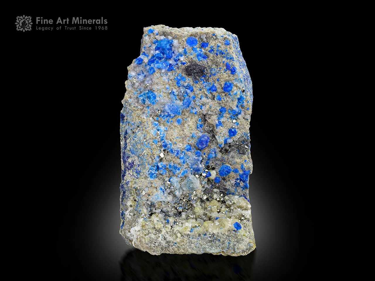 Blue hauyne crystals with pyrite on matrix showing orange fluorescence under UV light.