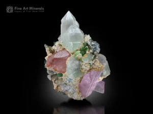 Multi-mineral specimen, morganite, kunzite, quartz, tourmaline, albite, self-standing crystal