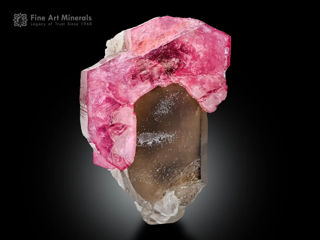 Pink tourmaline crystal with embedded smoky quartz on albite matrix.