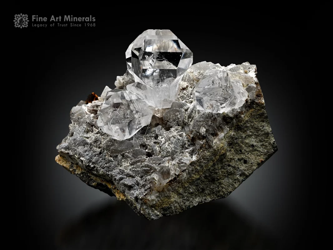 Transparent quartz crystals on matrix from Pakistan with excellent clarity.