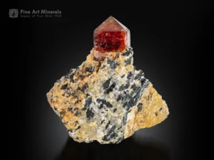 Sharp red zircon crystal with vivid color and textbook geometry on a natural matrix