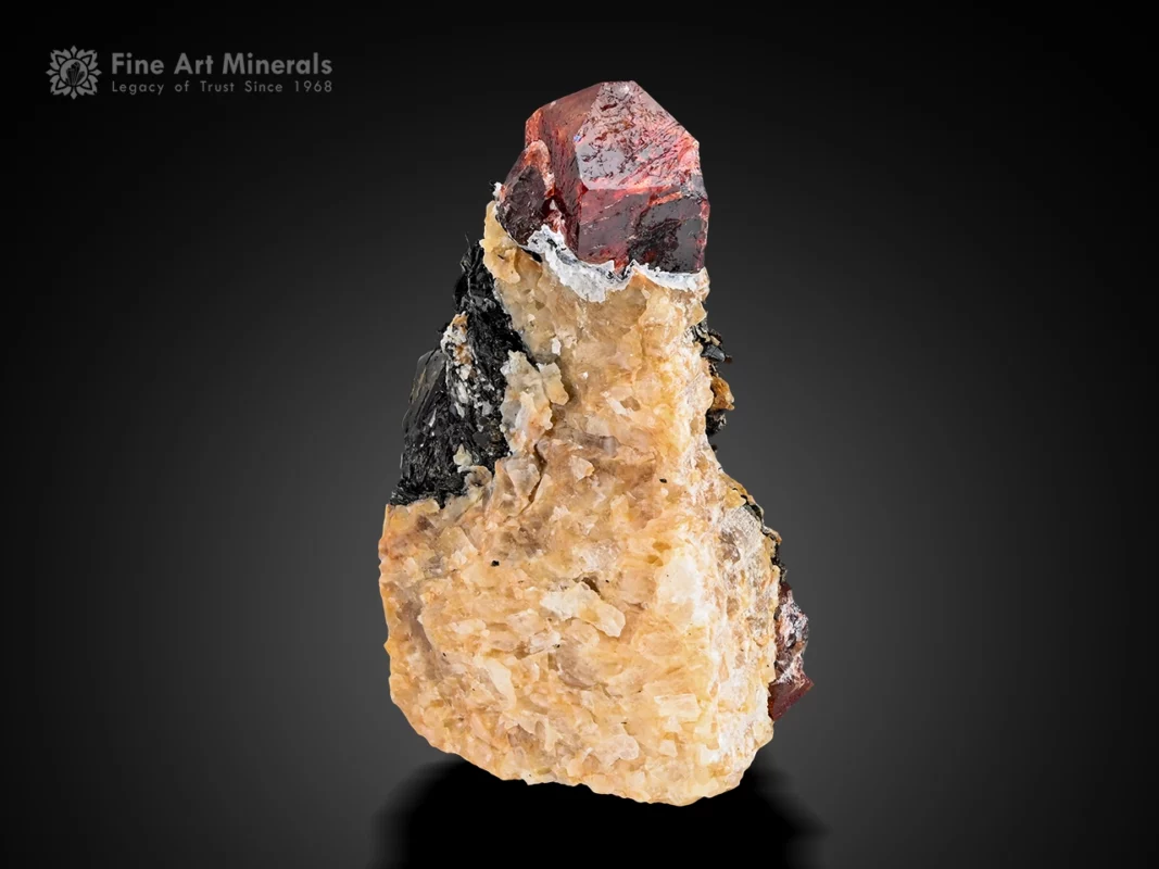 Red zircon crystal with sharp form on a contrasting natural matrix