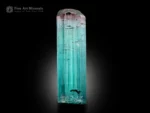 Blue seafoam tourmaline crystal with a pink hue at termination and strong striations.
