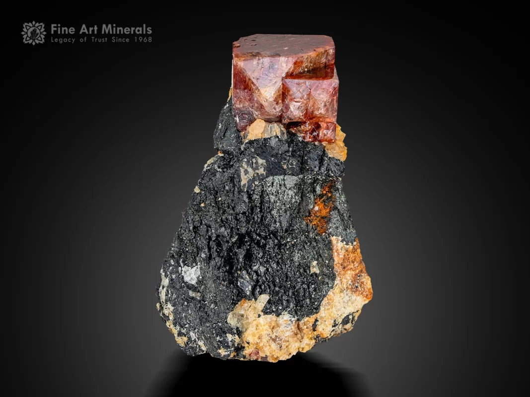 Zircon crystal on dark matrix, deep red color, sharp geometry, specimen.