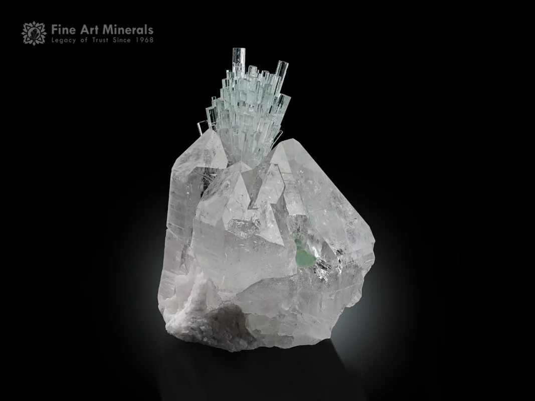 Colorless Achroite tourmaline cluster on quartz and albite matrix with superb crystal display.