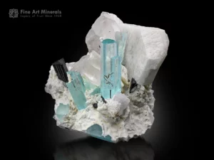 Gemmy aquamarine crystals with schorl, quartz, and feldspar matrix from Pakistan.