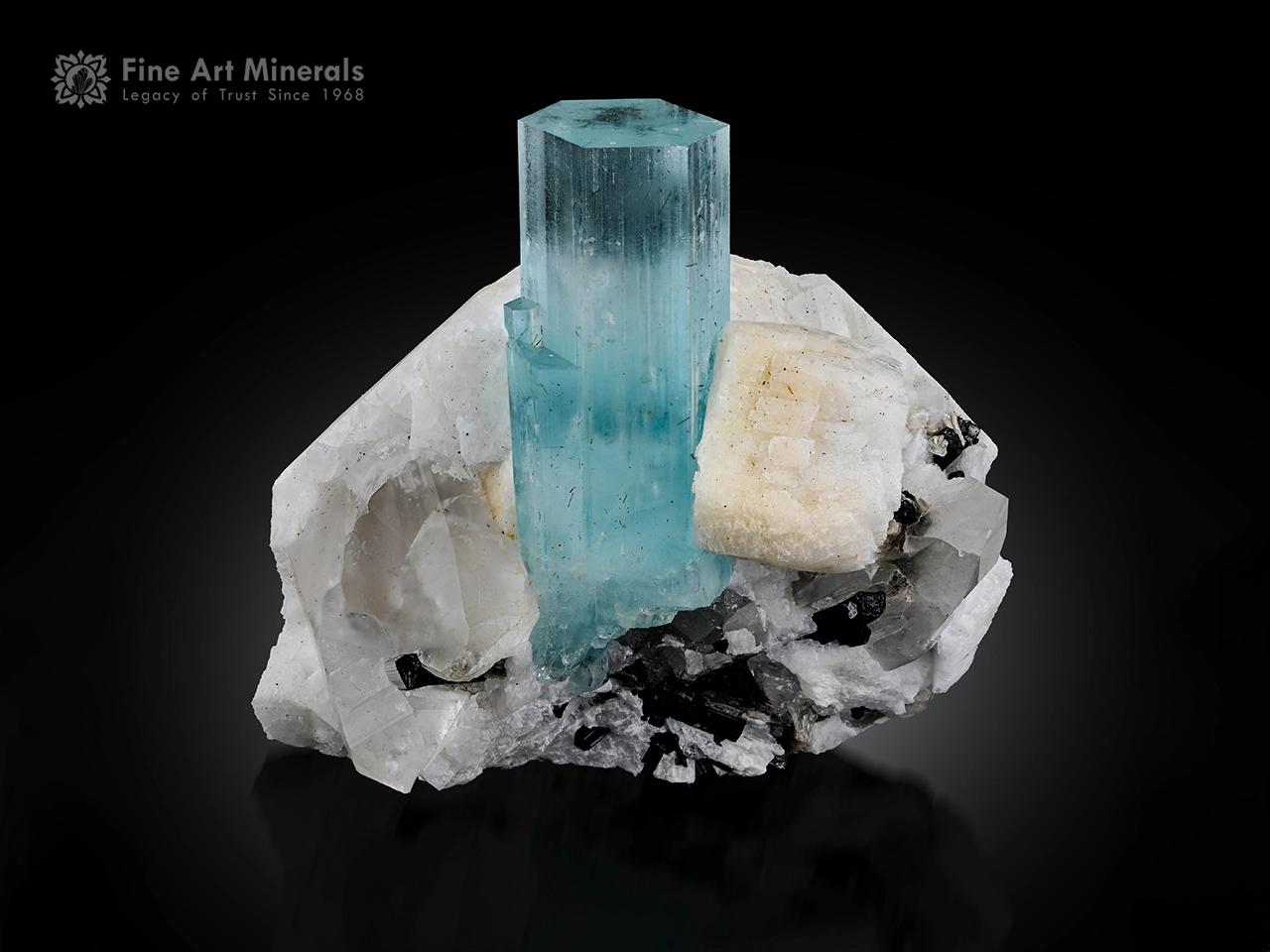 Blue Aquamarine crystal with Quartz Feldspar and Schorl matrix
