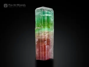 natural bi-color tourmaline crystal with green top and pink base, multi-faced termination, self-standing