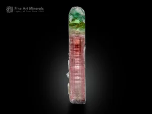 9 cm elongated bi-color tourmaline crystal with pink and green color zoning, doubly terminated, from Paprok Valley, Afghanistan.