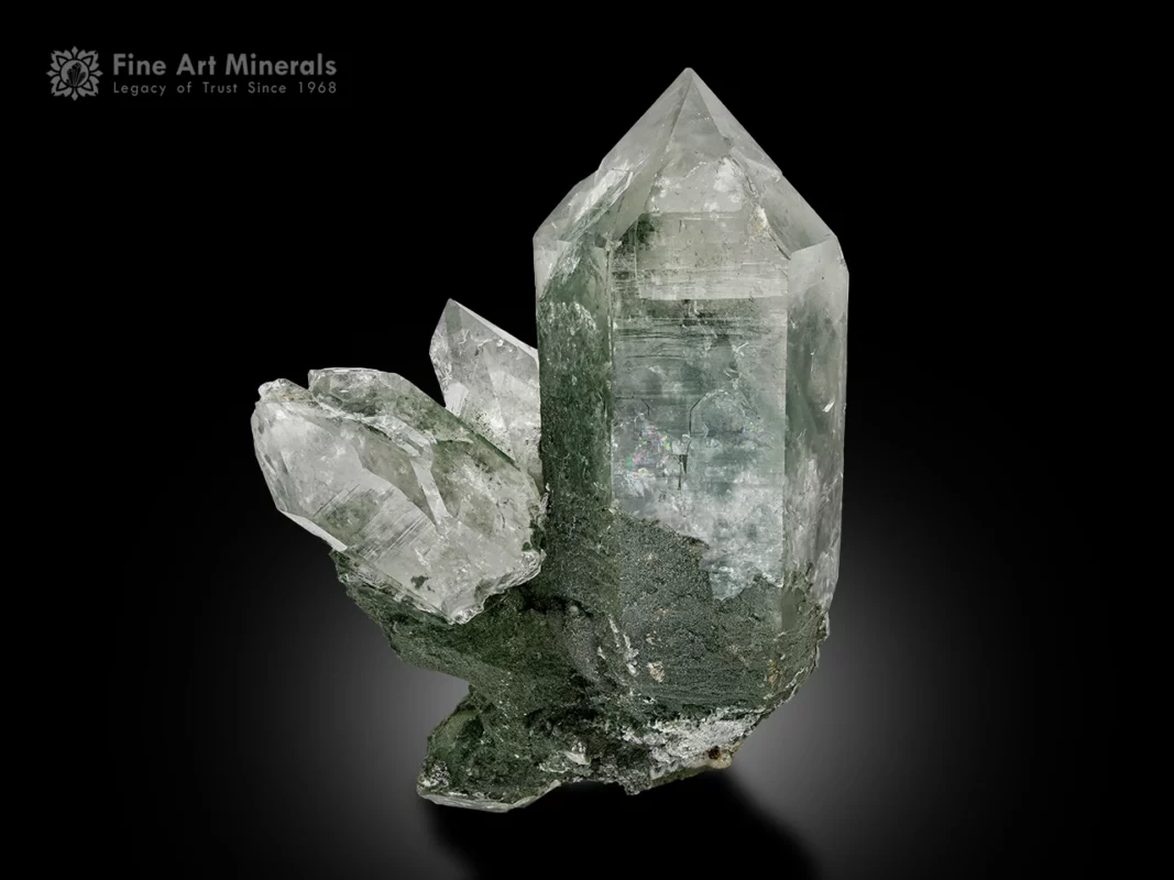 Chlorite included quartz crystal cluster with sharp termination and glassy luster.