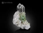 Parallel-grown quartz crystals with green herderite and muscovite on albite matrix.
