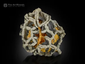 Web-like metallic Pyrite formations on textured Limonite matrix from Abbottabad, Pakistan.