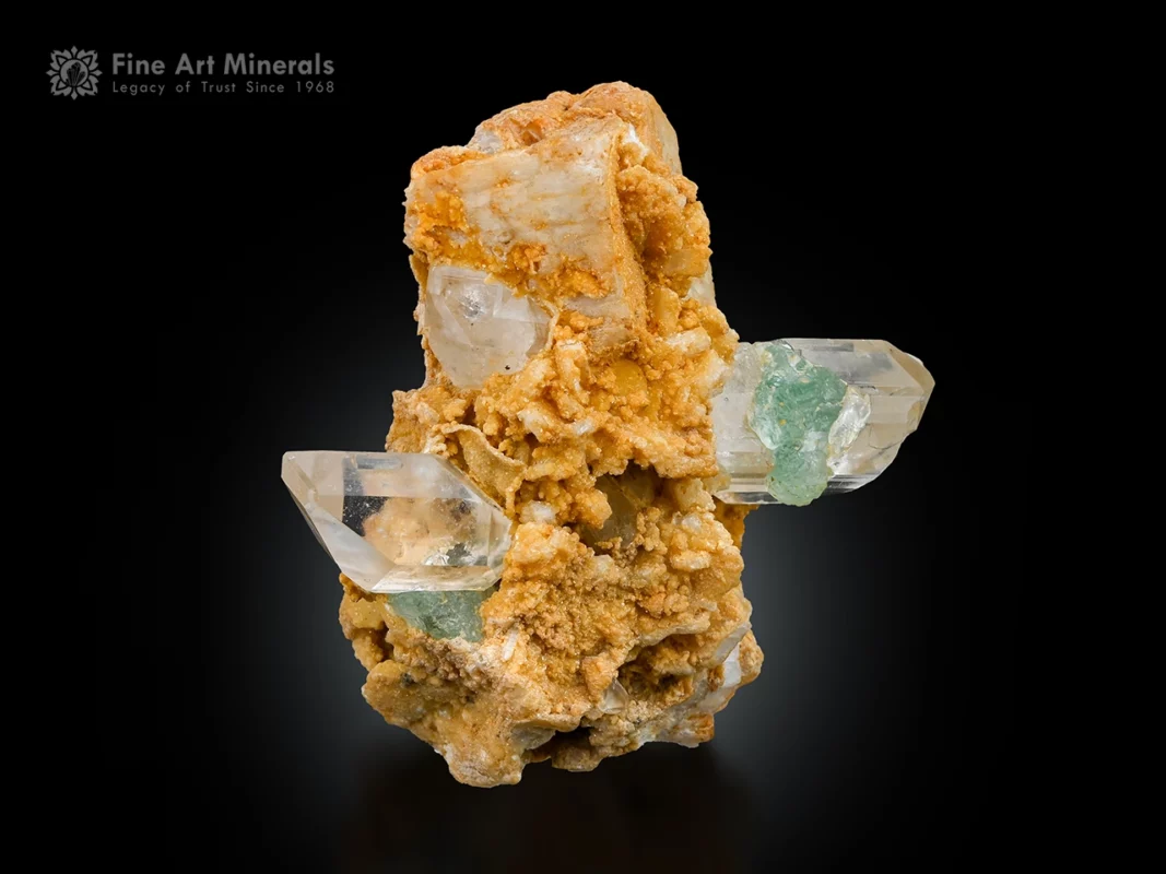 Transparent topaz crystals with sharp terminations on feldspar matrix from Pakistan.