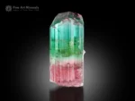 Natural tourmaline crystal with green and seafoam blue upper section transitioning to pink base, well-terminated with vertical striations.
