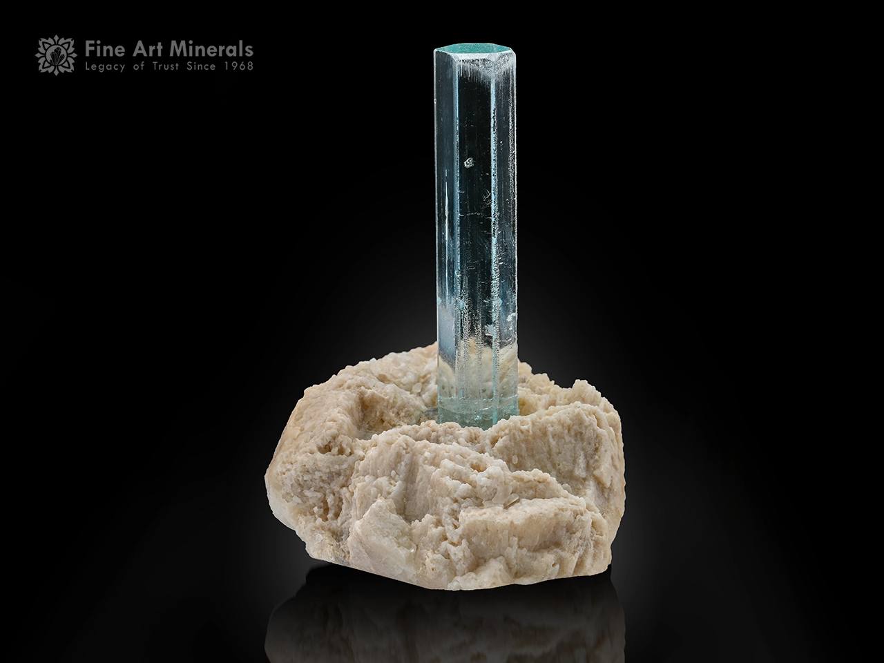 Aquamarine Crystal Albite Pakistan Gem-quality blue Aquamarine crystal rising from white Albite matrix.
