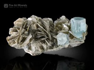 Blue aquamarine crystals associated with lustrous muscovite on matrix.