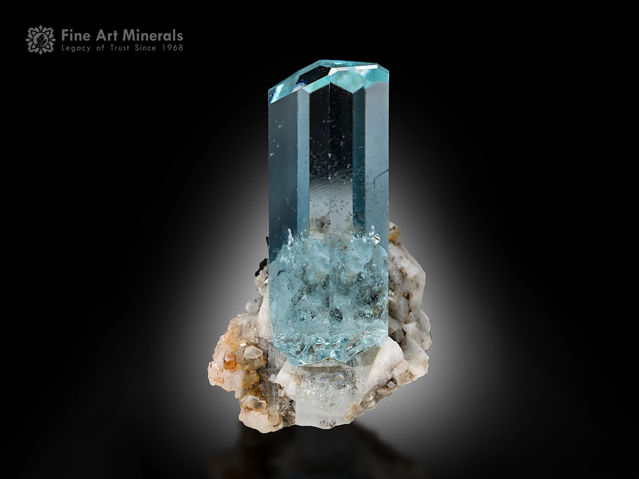 Transparent icy-blue aquamarine crystal with sharp termination on albite matrix with schorl from Shigar Valley.