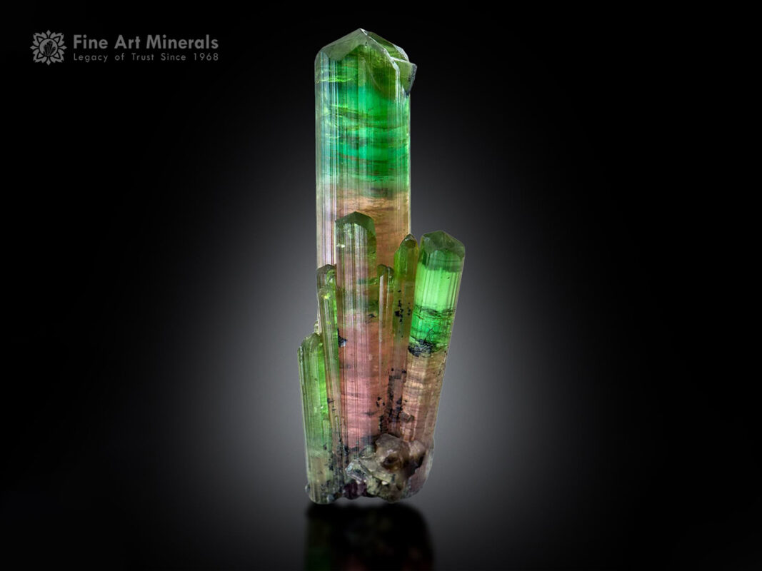 Green elbaite tourmaline cluster with pink zoning and parallel-growth crystals from Paprok Valley, Afghanistan.