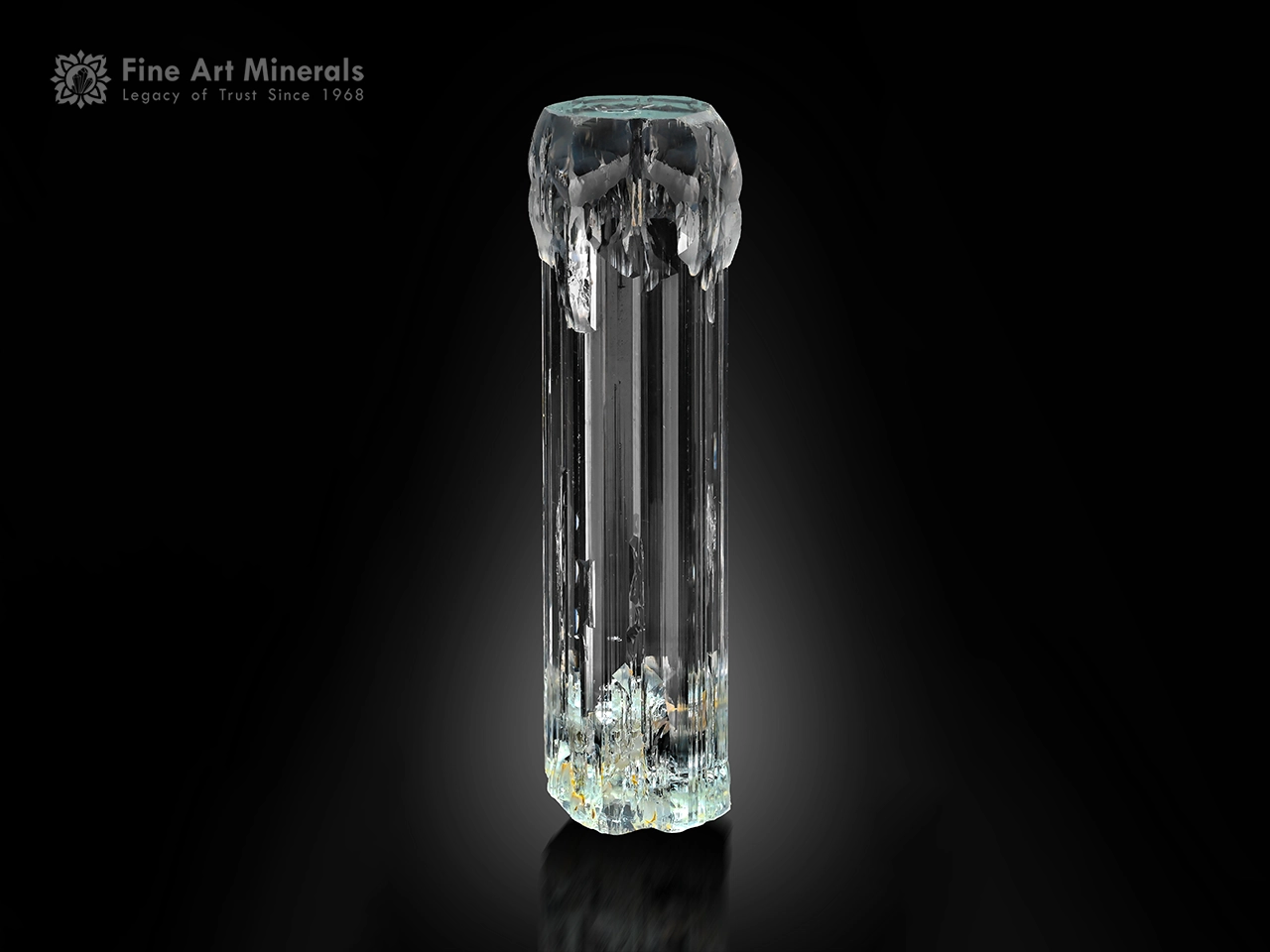 Etched Aquamarine Crystal (1) - Copy Transparent aquamarine crystal with etched formations, flat termination, and pristine rehealed base.