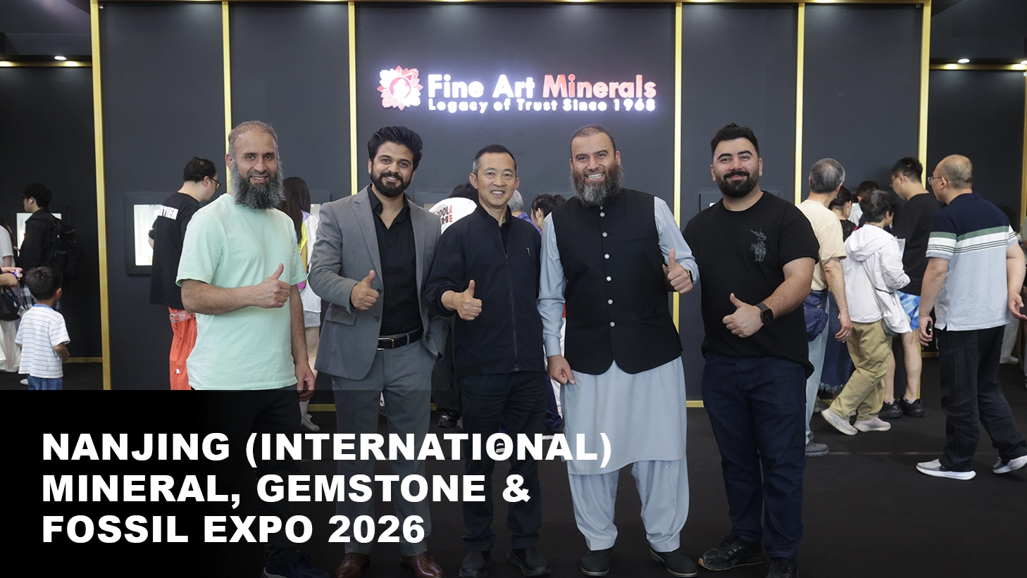 Fine Art Minerals team at the Nanjing International Mineral, Gemstone & Fossil Expo 2026, showcasing exceptional mineral specimens and gemstones in Nanjing, China.