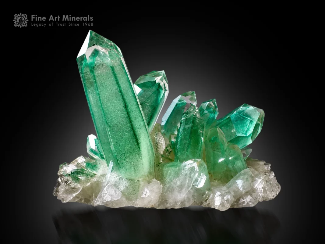 Green Fuchsite-Included Quartz crystal cluster on quartz matrix from Madagascar.
