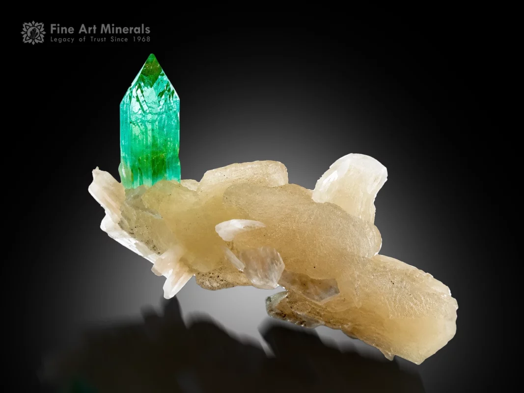 Sharp green apophyllite crystal on white stilbite matrix with excellent luster and contrast.