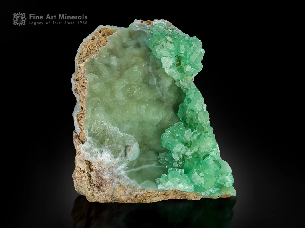 Lustrous green aragonite crystals with calcite on matrix, self-standing mineral specimen.