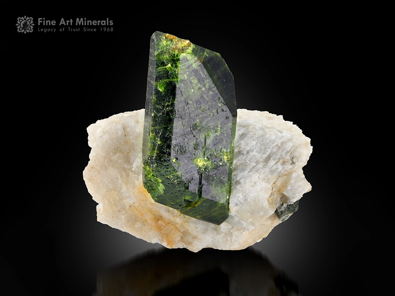 Green Diopside Badakhshan Afghanistan Lustrous green Diopside crystal on contrasting white Albite matrix.