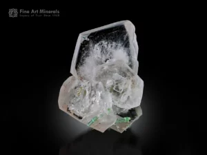 Peach-pink morganite crystal cluster with green tourmaline and albite from Afghanistan.
