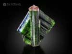 Green tourmaline crystals with pink and blue caps, displaying excellent luster and vertical striations.