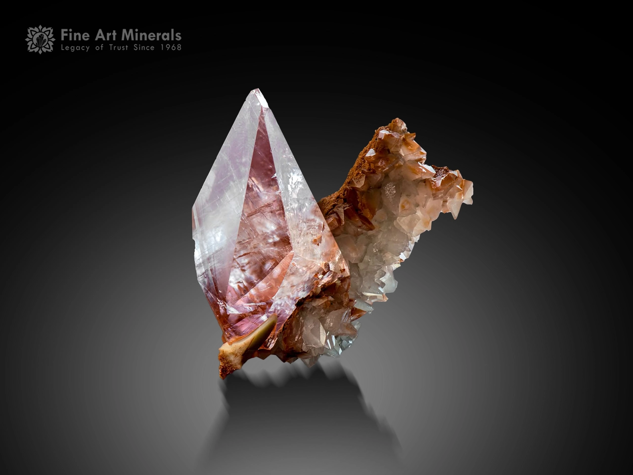 Transparent lavender-purple Calcite crystal from Tonglushan Mine, China, with elongated form, sharp faces, and beautiful internal reflections.