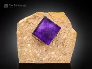 Deep purple Fluorite cube with sharp geometry on contrasting hard matrix.
