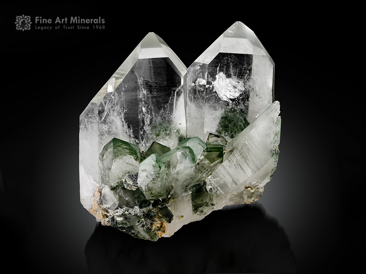Quartz Chlorite Inclusions Transparent Quartz crystals with green Chlorite inclusions and sharp terminations.