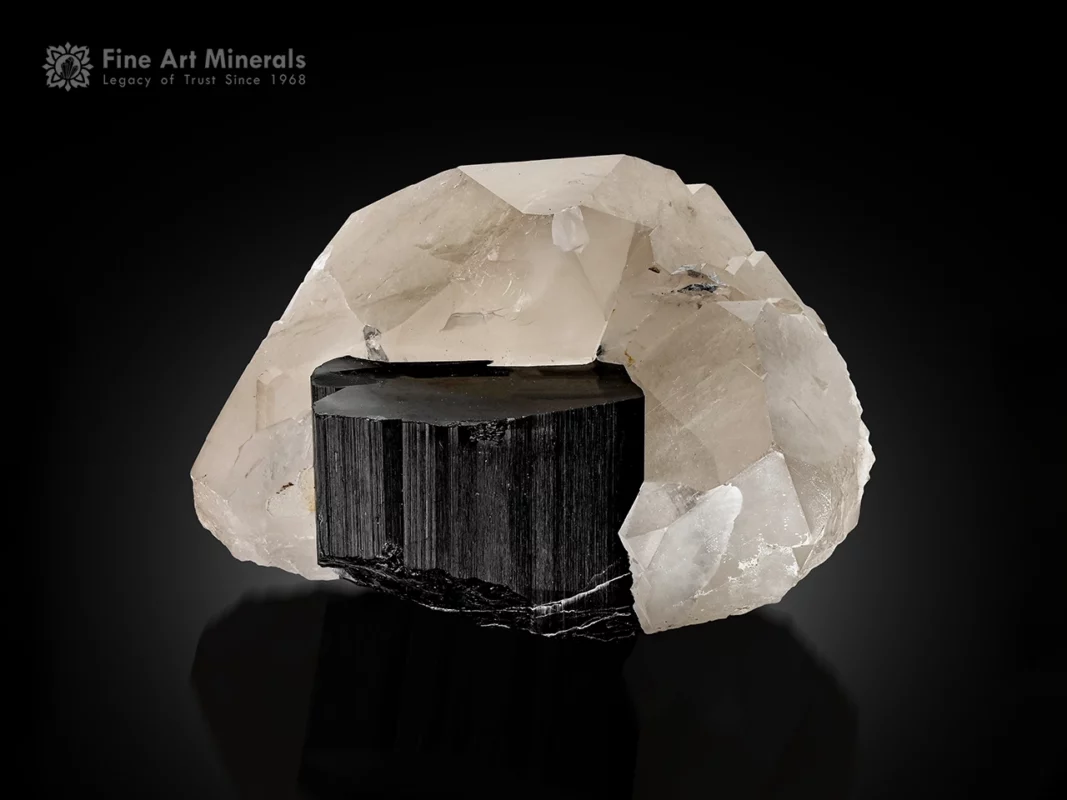 Black schorl tourmaline crystal with smoky quartz crystals displaying excellent contrast