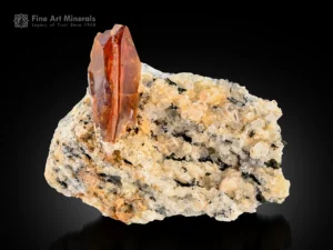 Honey-brown titanite crystal protruding from matrix with waxy luster.