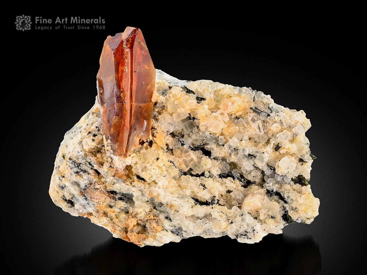 Honey-brown titanite crystal protruding from matrix with waxy luster.