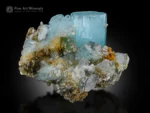 Gem-quality blue Aquamarine crystals with Fluorite and Muscovite from Chumar Bakhoor, Pakistan.