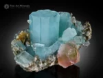Gem-quality blue Aquamarine crystals with Fluorite and Muscovite from Chumar Bakhoor, Pakistan.